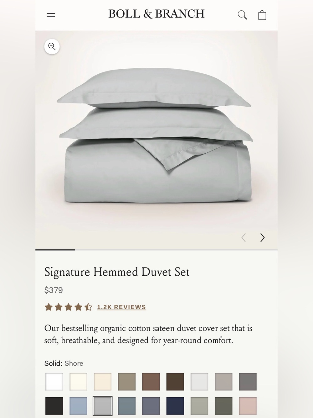 Boll & Branch: Signature Hemmed Duvet Set — Shore Light Gray